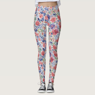 Leggings Estilo Pastel Rojo Y Púrpura Floral Acuarela 