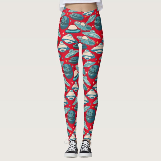 Leggings Estilo retro de patrón OVNI. Red BG (Anverso)