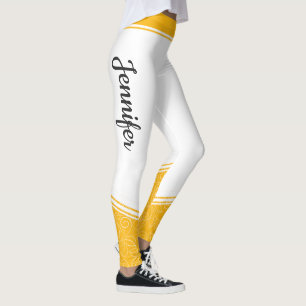 Leggings Estiloso blanco amarillo floral franjas blancas y 