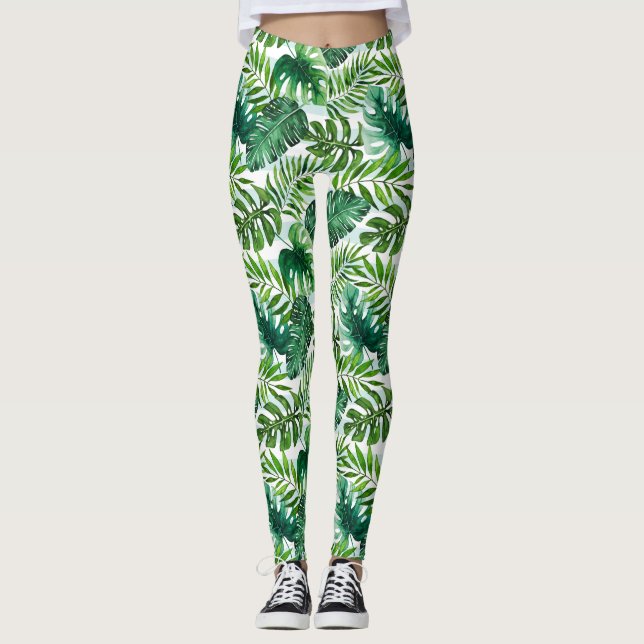 Leggings Estiloso patrón de hojas tropicales color agua (Anverso)