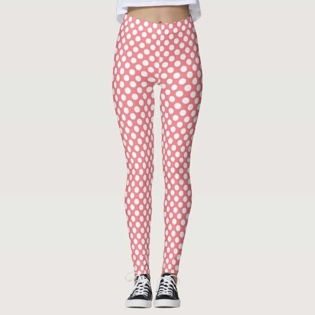 Leggings Estiloso patrón de puntos de polka blanco en rosa  (Anverso)