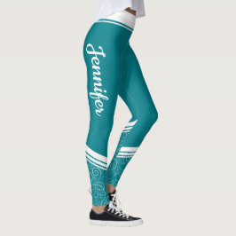 Leggings Estiloso verde azulado azul floral franjas blancas