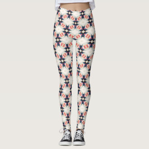 Leggings Estrella de Coral Naval Patrón Floral Geométrico