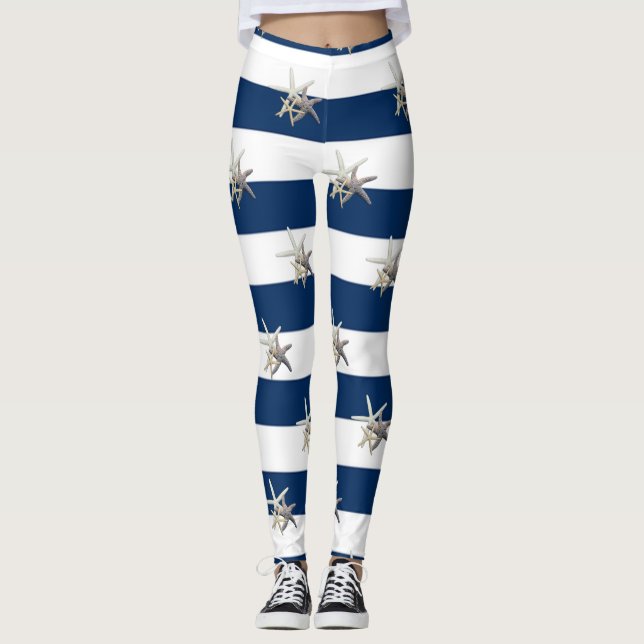 Leggings Estrella de Mar Adorable, Rayas Azules Marinos (Anverso)