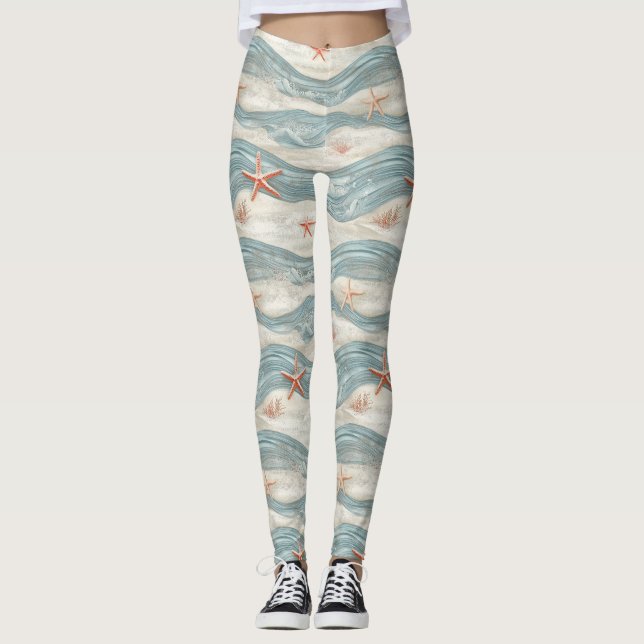 Leggings Estrella de mar costera en patrón de olas de arena (Anverso)