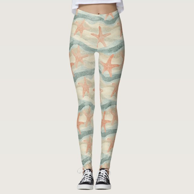 Leggings Estrella de mar costera sobre patrón de olas de ar (Anverso)