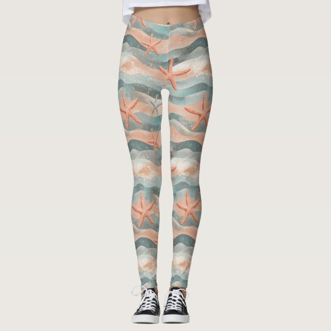 Leggings Estrella de mar costera sobre patrón de olas de ar (Anverso)