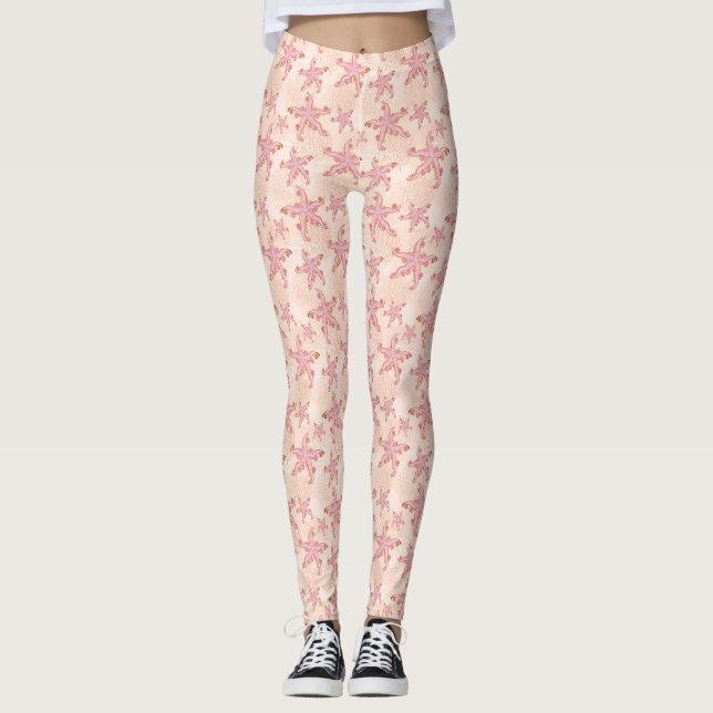 Leggings Estrella de mar y coral rosa patrón pastel (Anverso)
