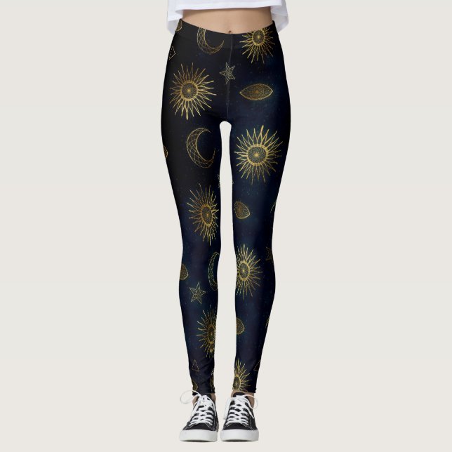 Leggings Estrellas de luna de oro azul celestial (Anverso)