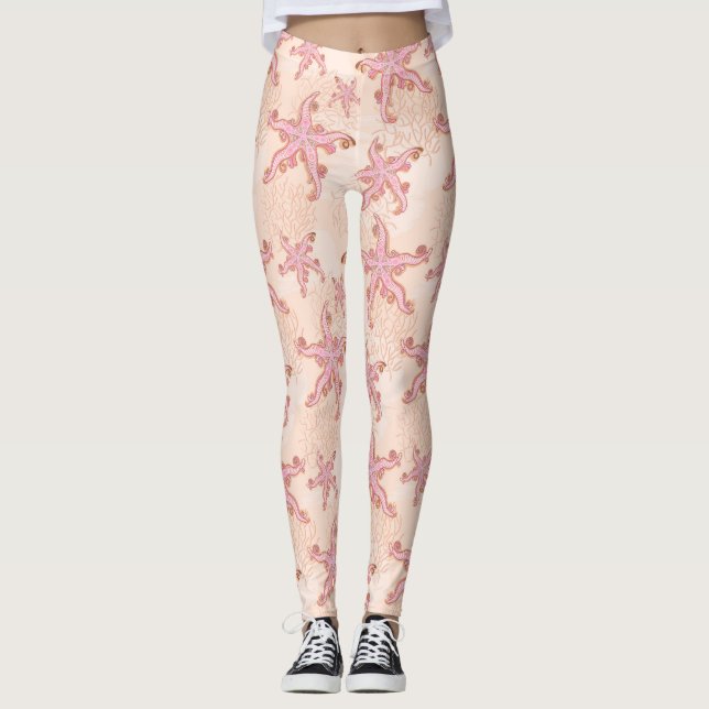 Leggings Estrellas de mar y coral patrón pastel rosa (Anverso)