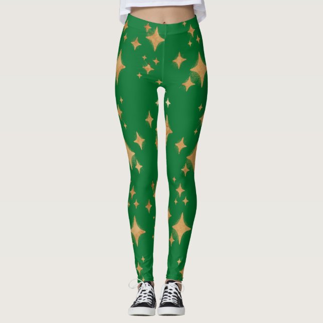 Leggings Estrellas de Navidades retro de oro sobre verde (Anverso)