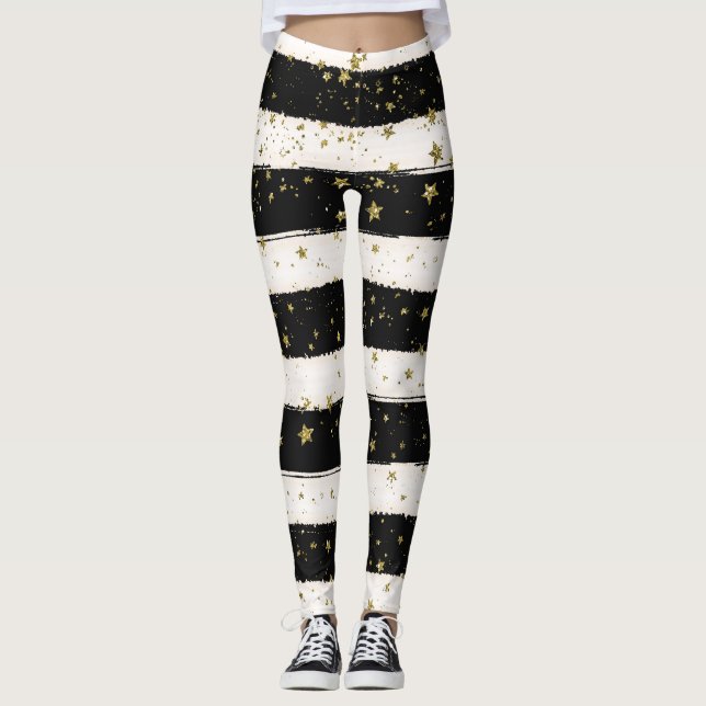 Leggings Estrellas de oro en franjas blanco y negro (Anverso)