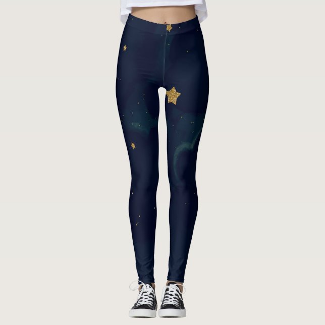 Leggings Estrellas de oro y nubes de cielo azul oscuro ador (Anverso)