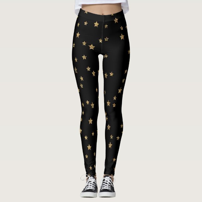 Leggings Estrellas doradas de Confetti purpurina luce negro (Anverso)