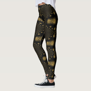 Leggings estrellas doradas fractales, fondo negro
