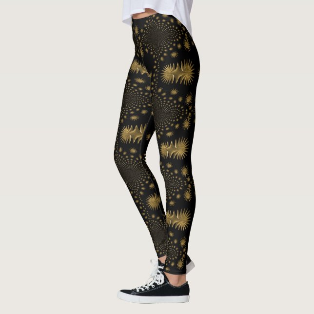 Leggings estrellas doradas fractales, fondo negro (Izquierda)