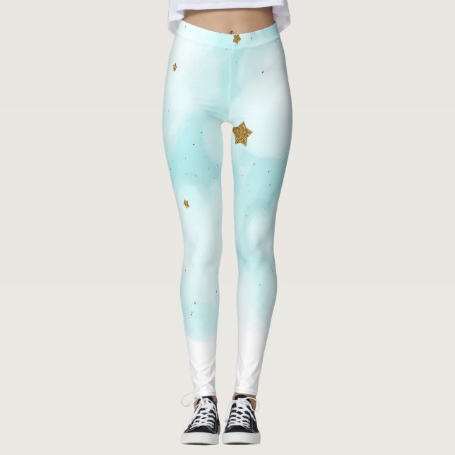 Leggings Estrellas doradas y nubes de cielo azul Celestial  (Anverso)