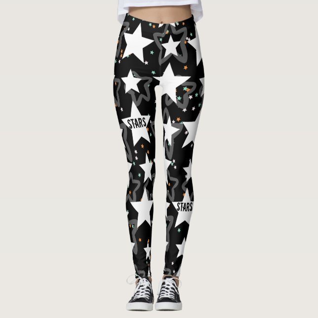 Leggings Estrellas modernas mujeres de patrón blanco negro (Anverso)