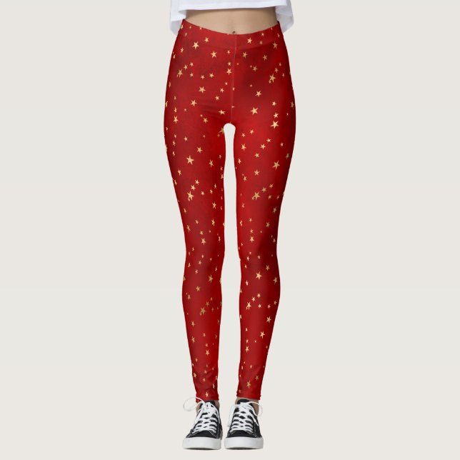 Leggings Estrellas Navideñas de Invierno Rojas y Doradas Fe (Anverso)