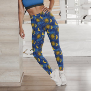Leggings Estrellas Sol Luna Patrón Celeste Azul Dorado