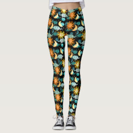 Leggings Estrellas Sol Luna Patrón Celeste Negro