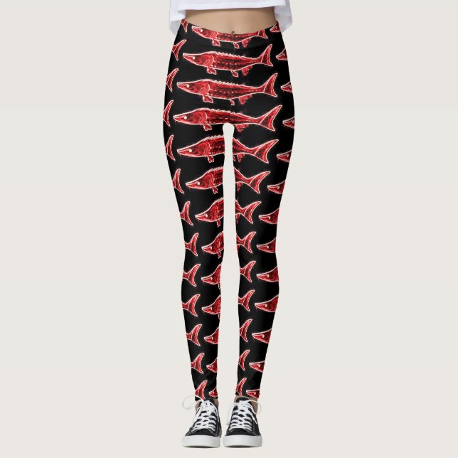 Leggings esturiones rojos que nadan negro (Anverso)