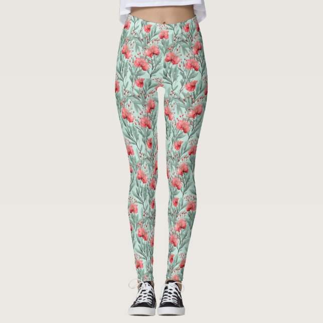 Leggings Eucalyptus Blossom de coral vibrante (Anverso)