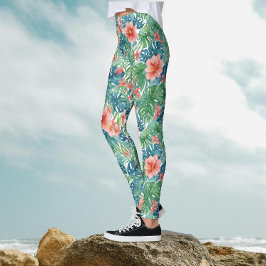 Leggings Exótico Hibisco Rojo Tropical Hawaiano Acuarela