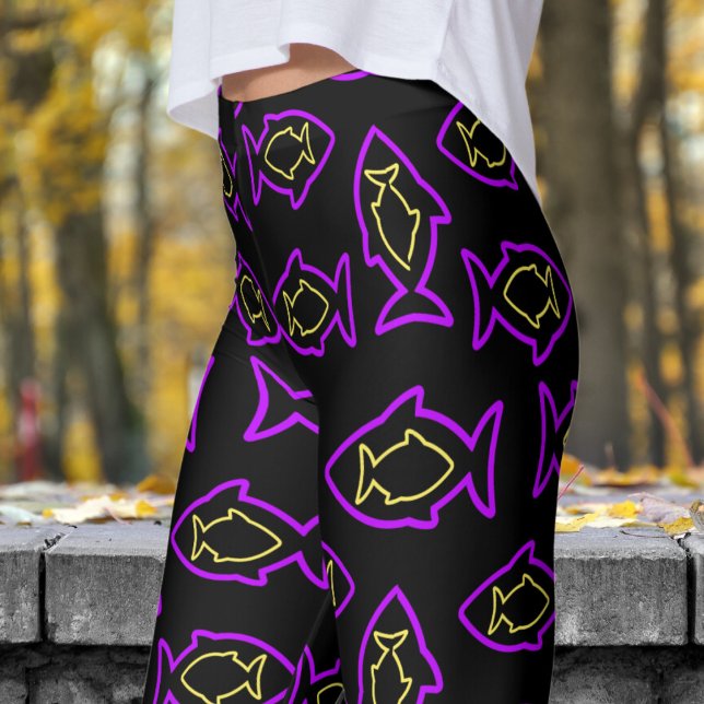 Leggings Fabuloso patrón de moño negro y púrpura (Purple Fin on Black)