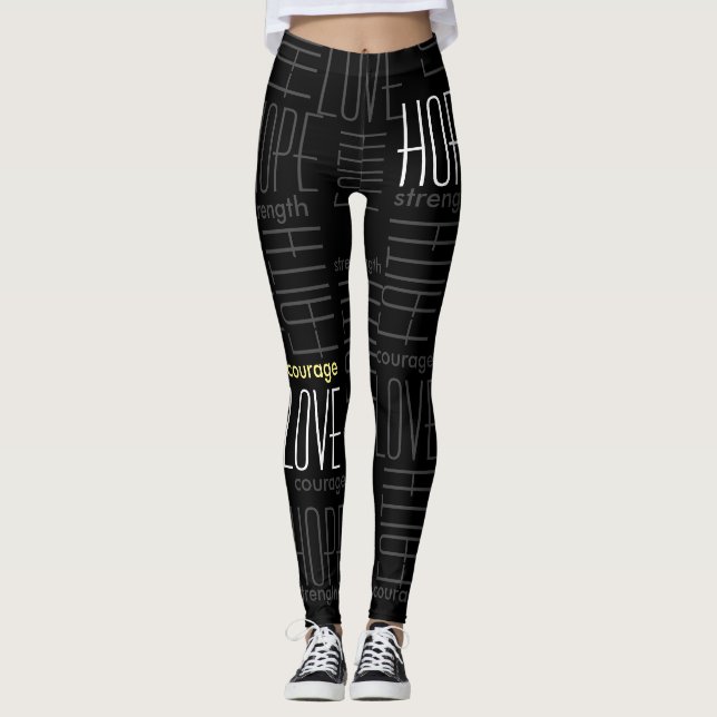 Leggings Faith HopeLoveStrength y valor Gray sobre negro (Anverso)