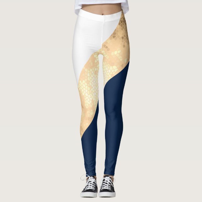 Leggings falso oro elegante, azul marino, rayas blancas (Anverso)