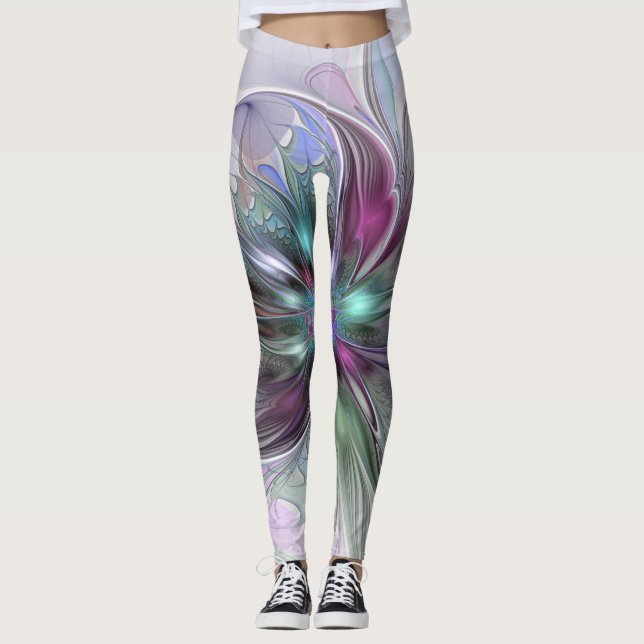 Leggings Fantasía colorida Resumen Flor Fractal Moderna (Anverso)