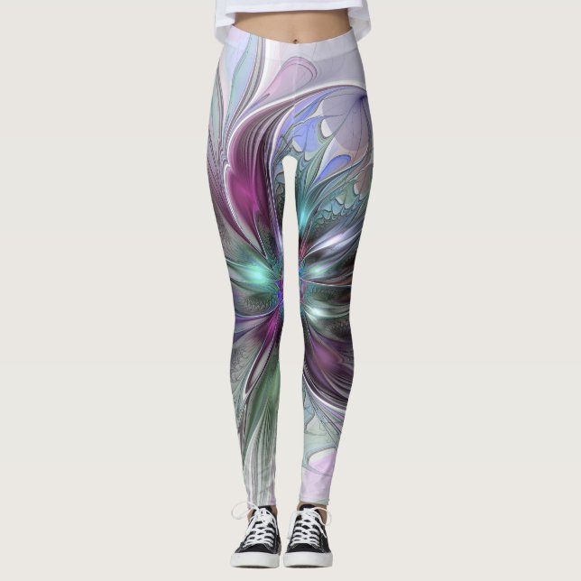 Leggings Fantasía colorida Resumen Flor Fractal Moderna (Anverso)