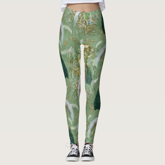Leggings Fantasía de Royal-Peacocks en blanco y verde azul (Anverso)