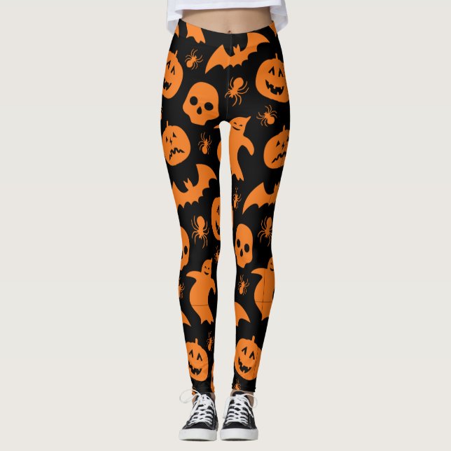 Leggings Fantasma de Halloween negro y Naranja, calabazas (Anverso)