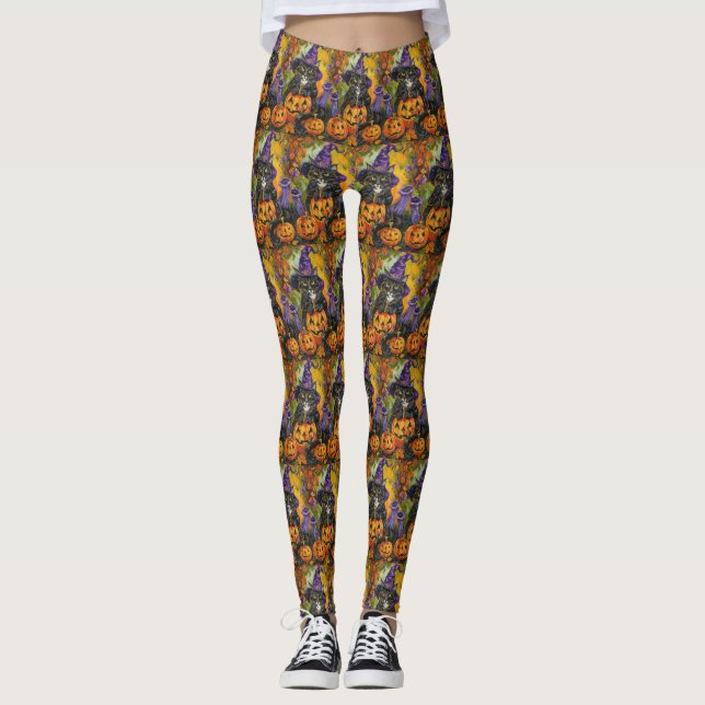 Leggings Fantasma Gato De Tuxedo Halloween Bruja Y Calabaza (Anverso)
