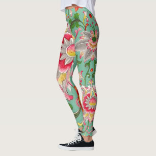 Leggings Fantasy Floral Oriental Chinoiserie en verde