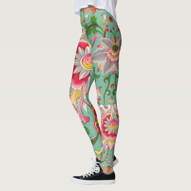 Leggings Fantasy Floral Oriental Chinoiserie en verde (Izquierda)