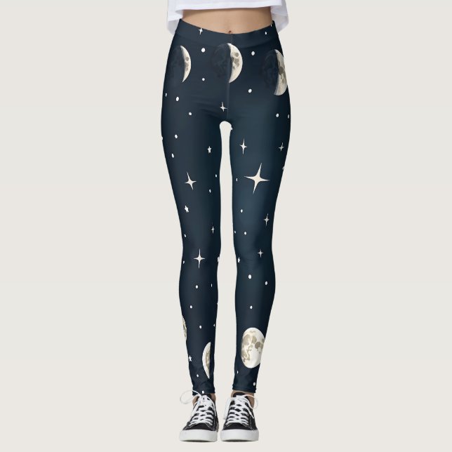 Leggings Fases de luna celestial en plata en marina (Anverso)