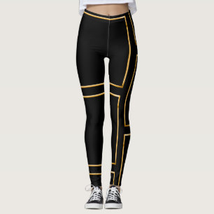 Leggings Faux Gold Illustrated Rectangular Elegante Negro