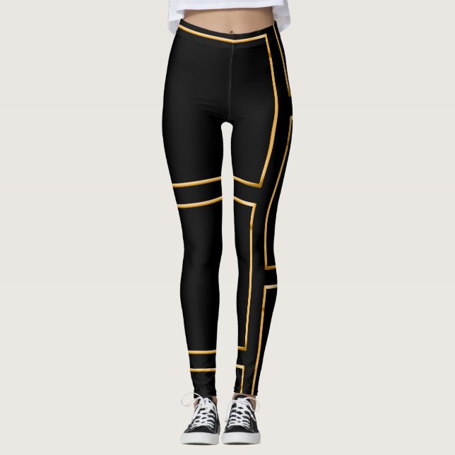 Leggings Faux Gold Illustrated Rectangular Elegante Negro (Anverso)