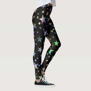 Leggings Faux Holographic Rainbow Stars Pattern Moda Black