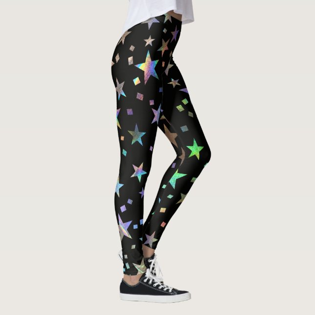 Leggings Faux Holographic Rainbow Stars Pattern Moda Black (Derecha)