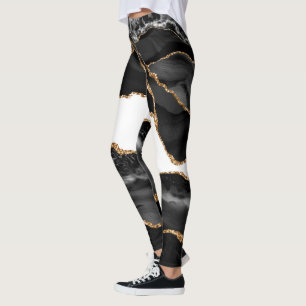 Leggings Faux Marled Agate Black Stylish Stone Luxury Gold