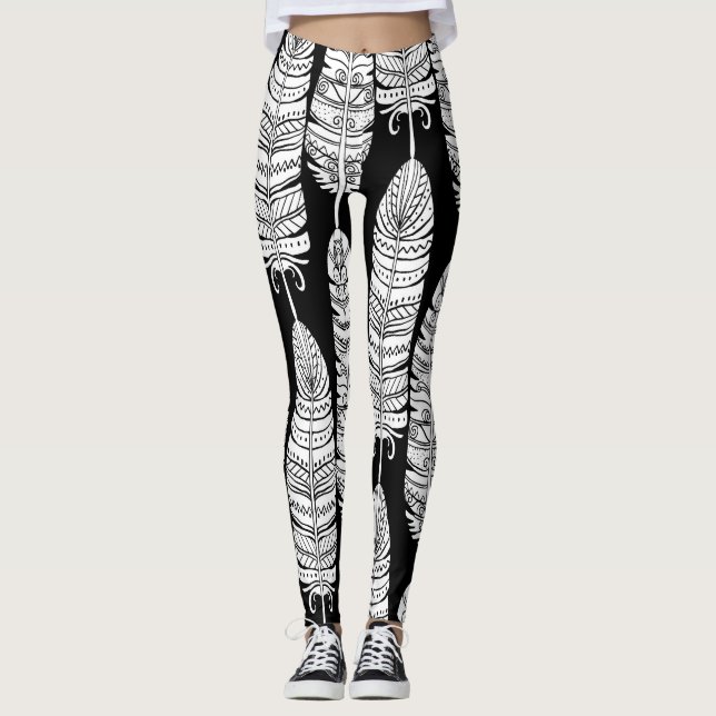 Leggings Feathers boho: patrón blanco y negro (Anverso)
