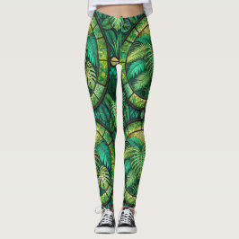 Leggings featuring a vibrant green tropical leaf 