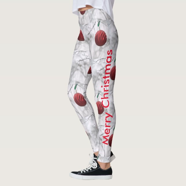 Leggings Feliz Navidad Brillante bola de ornamentos rojos (Izquierda)