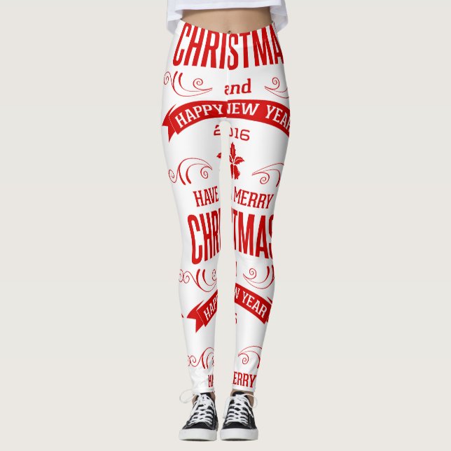 Leggings Feliz Navidad Feliz Año Nuevo blanco y rojo (Anverso)