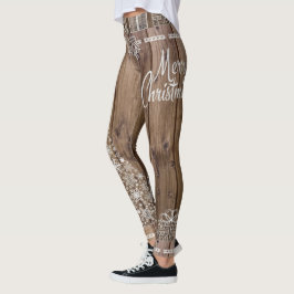 Leggings Feliz Navidad Rústico Patrón de madera Snowflake