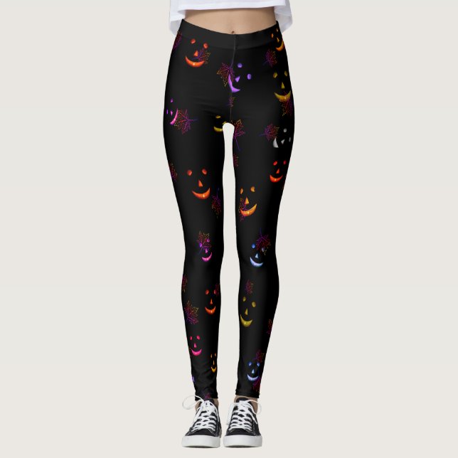 Leggings Feliz otoño de Jack-o'-lantern deja vibrante Neon  (Anverso)